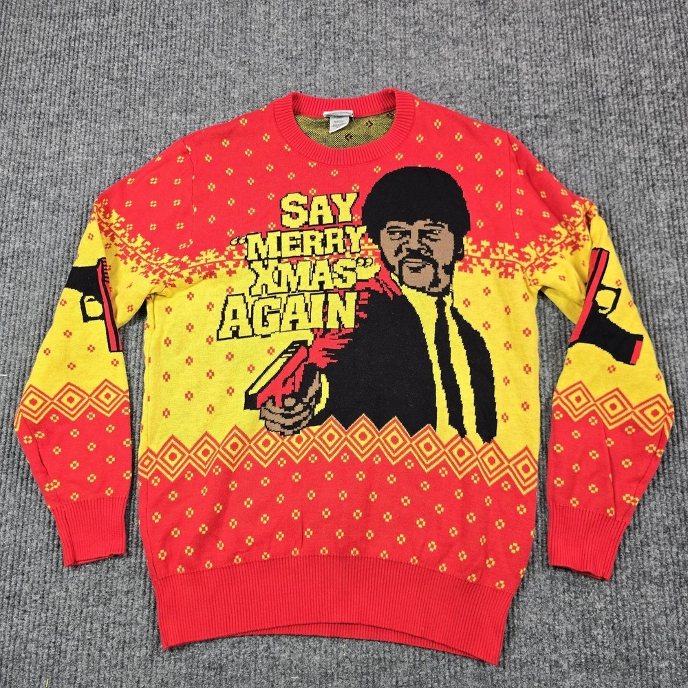 Pulp Fiction Sweater Mens M Red Graphic‎ Pullover Crew Samuel L Jackson XMas